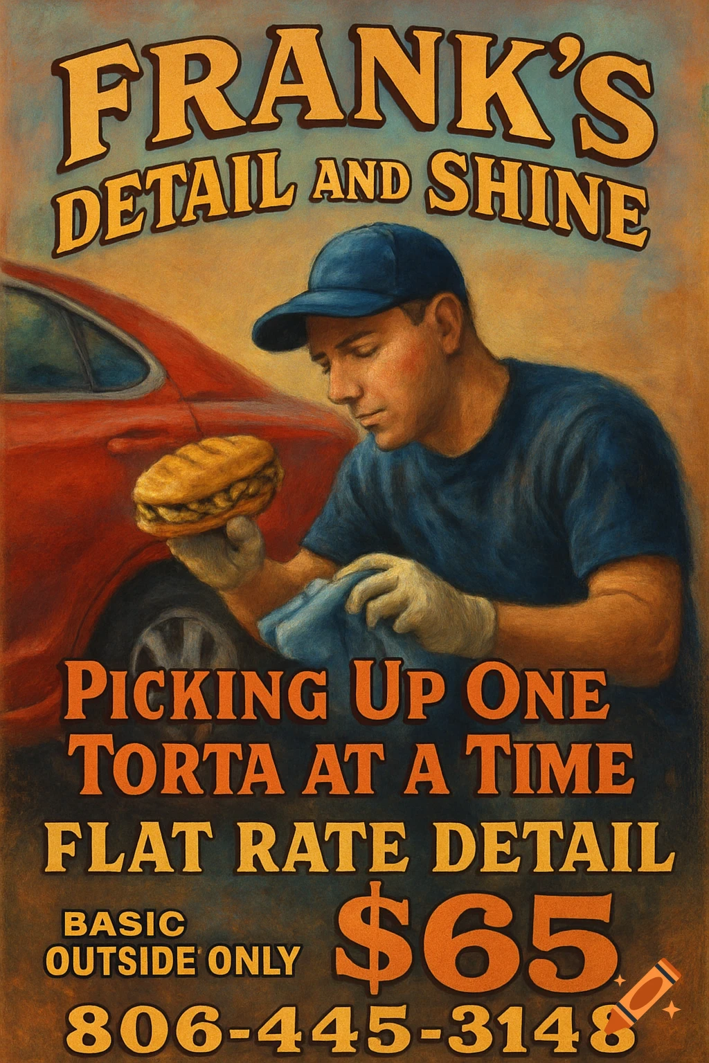 Illustrated poster for 'Frank's Detail and Shine' car service, showing a man holding a torta and a cloth near a red car.