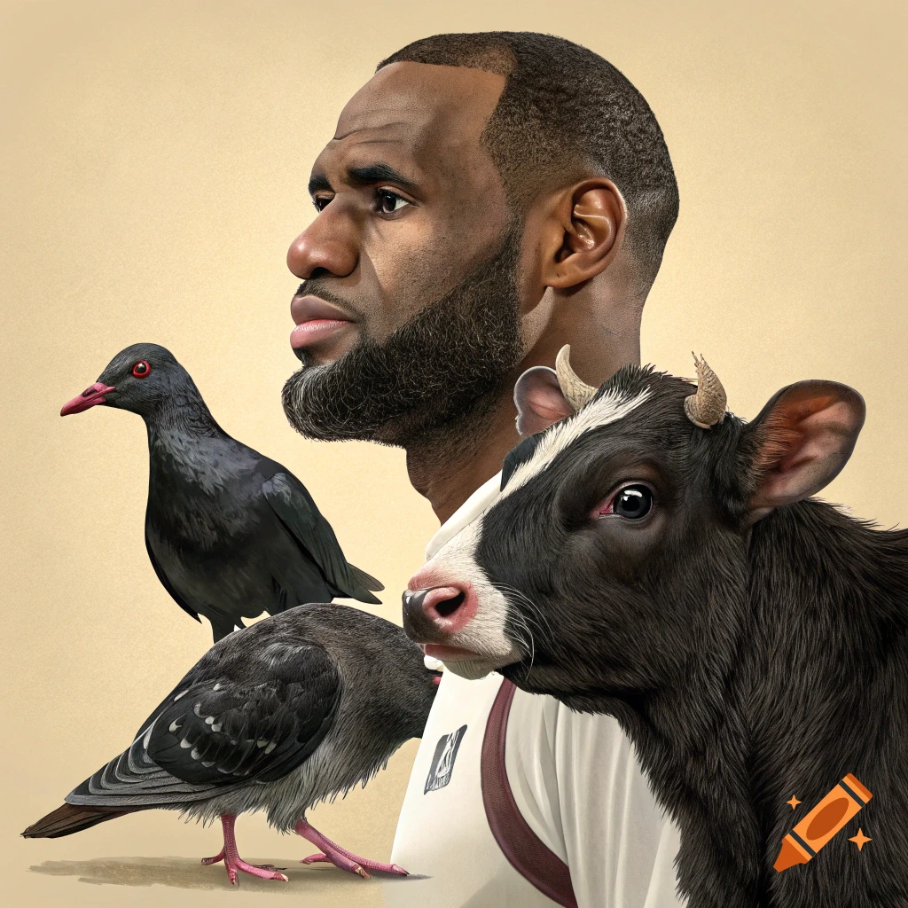 Photorealistic composite of LeBron James's head, two pigeons, and a calf.