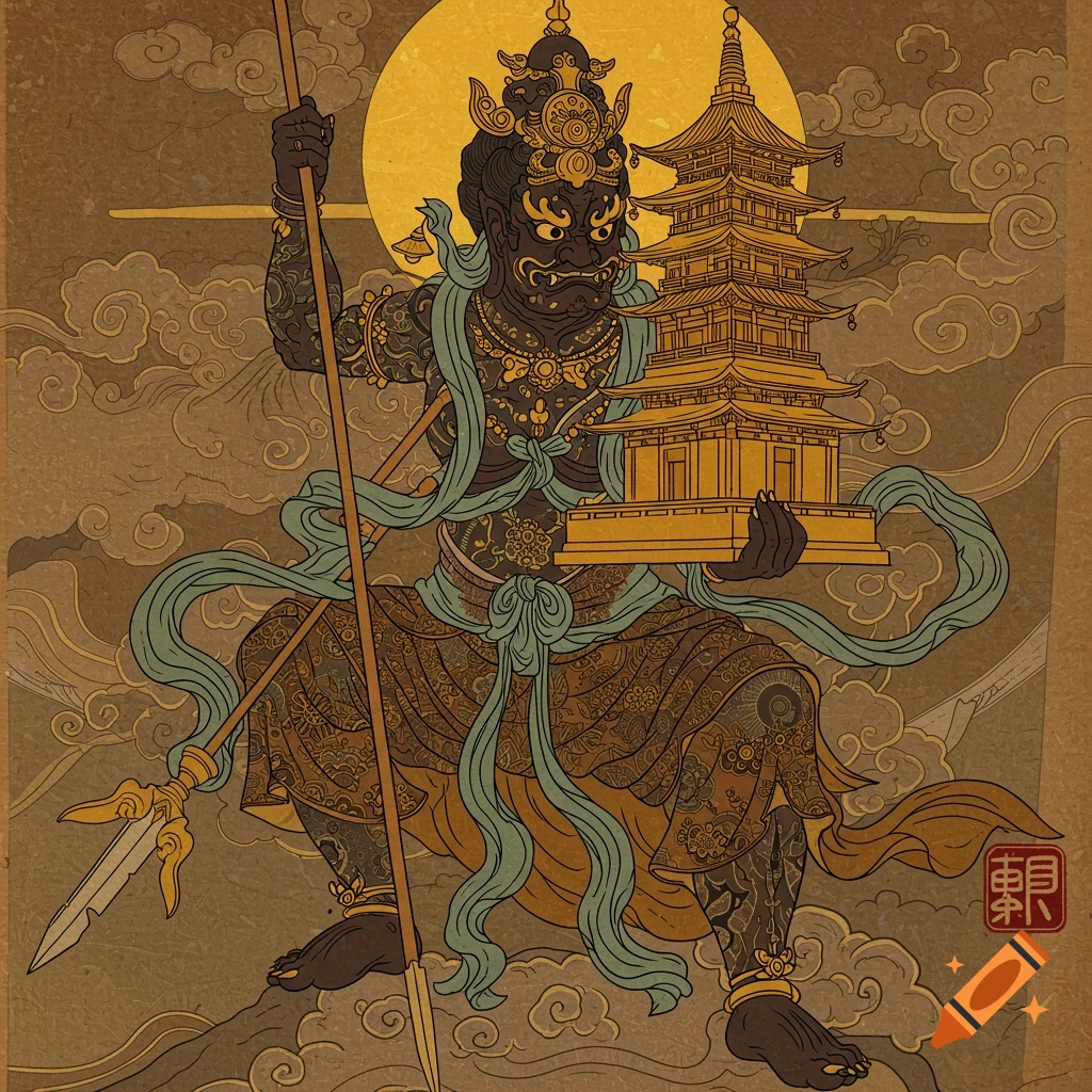 A Japanese traditional tattoo style illustration of the Buddhist deity Bishamonten, dark-skinned, holding a spear and a pagoda, against a golden sun and clouds.