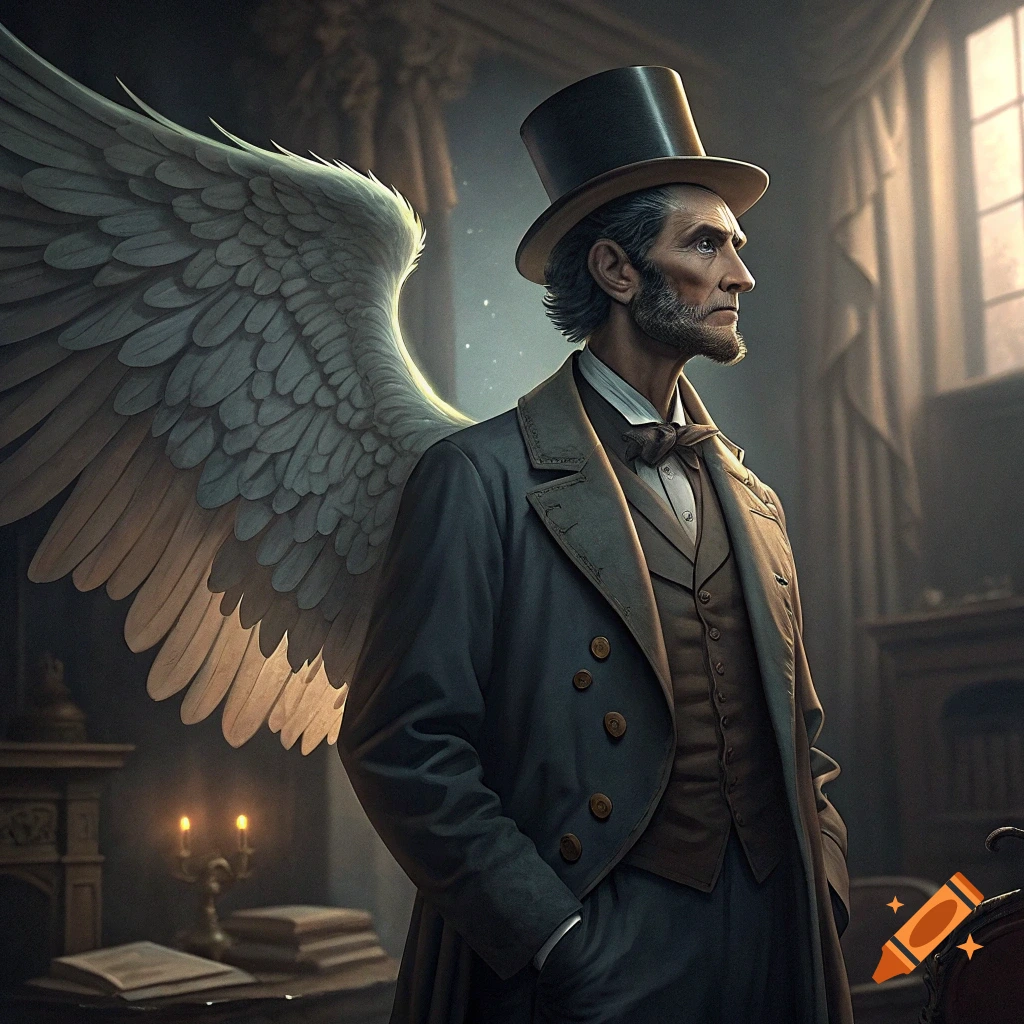 A detailed portrait of Abraham Lincoln as an aasimar, with large white wings, wearing a top hat and formal suit, standing in a dimly lit historical room.