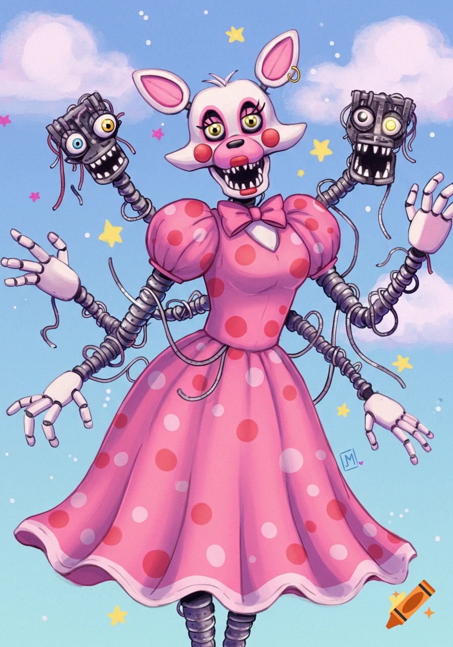 Cartoon illustration of the Mangle, a white and pink animatronic with multiple limbs and exposed wires, wearing a pink polka-dot dress under a blue sky.