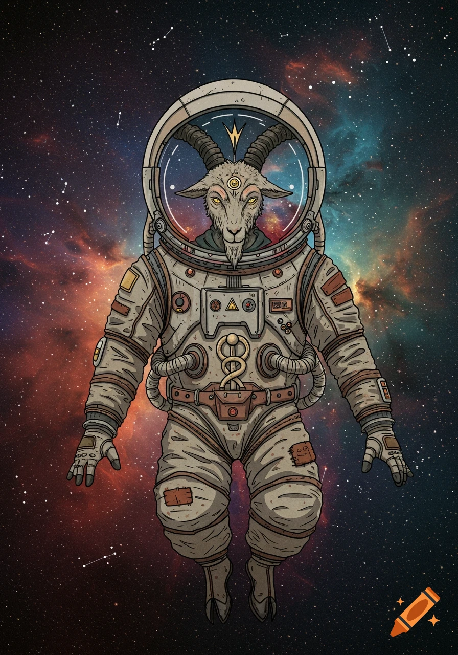 An illustration of a goat-headed figure in a spacesuit floating in outer space, surrounded by nebulae and stars.