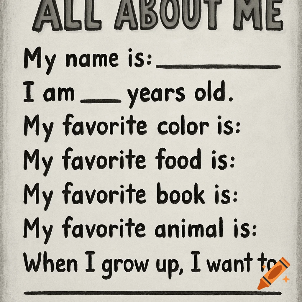 A black and white 'All About Me' worksheet with fill-in-the-blank questions.