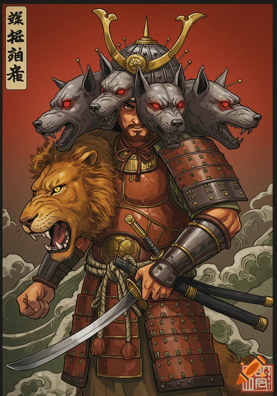 Japanese art style depiction of a samurai warrior wearing a lion pelt and a helmet with three wolf heads, holding a katana.