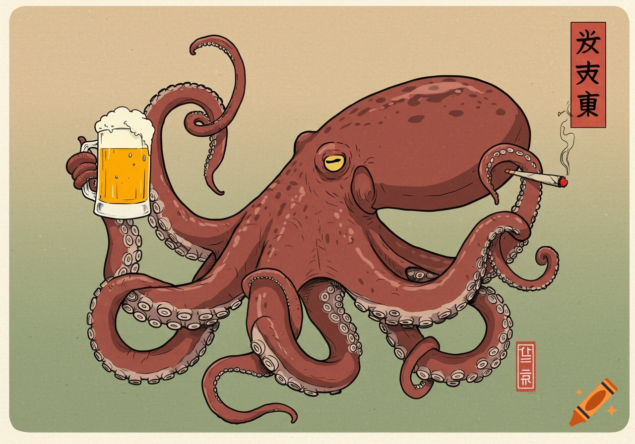 A stylized red octopus holds a frothy pint of beer in one tentacle and a lit joint in another, depicted in a traditional Japanese illustration style with text boxes.