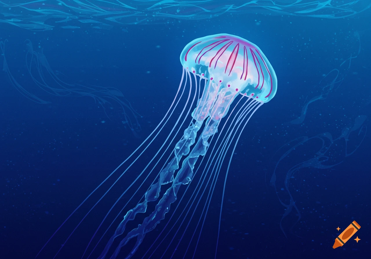A luminous, stylized jellyfish with a pink bell and long blue tentacles floats in a deep blue underwater environment.