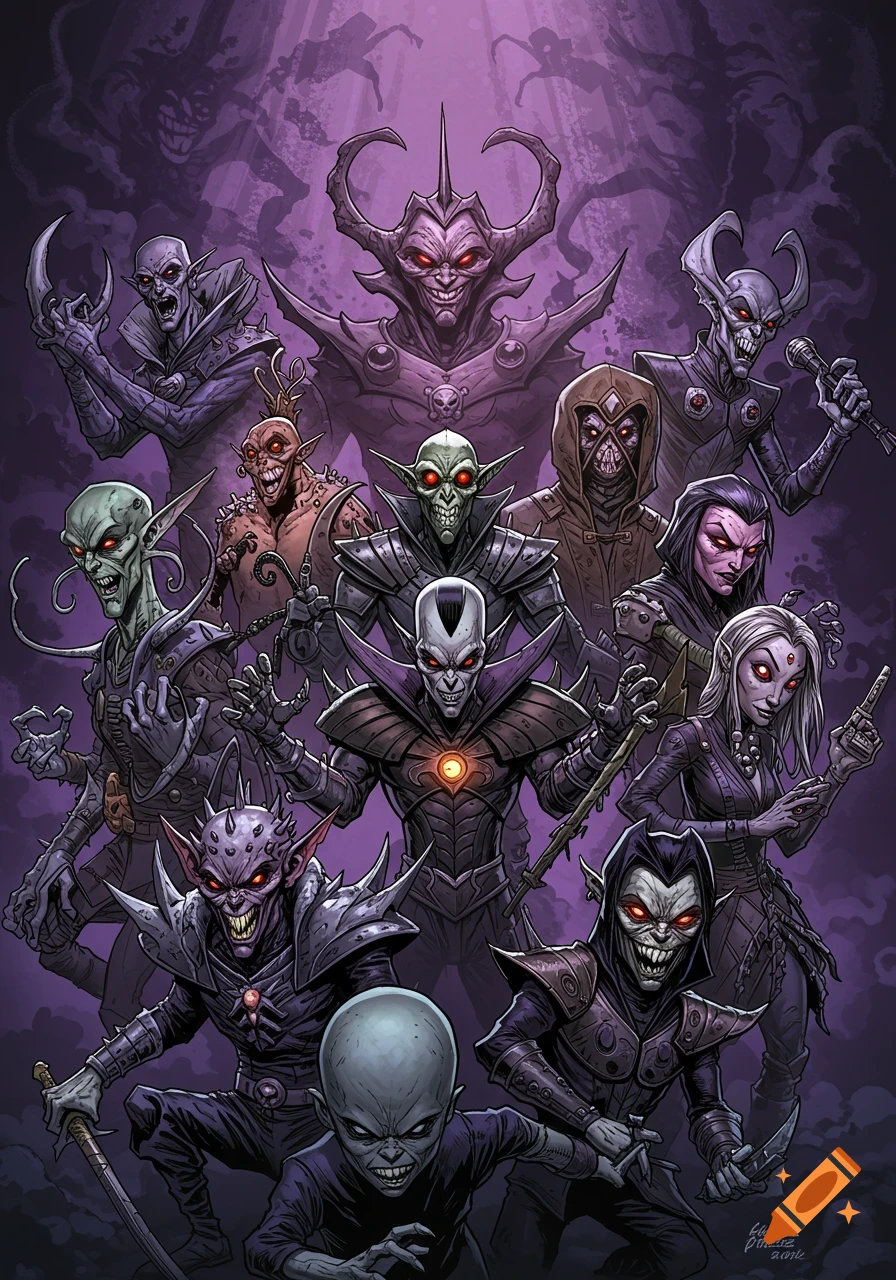 A group of menacing, grotesque fantasy creatures with glowing red eyes in a dark comic book illustration style.
