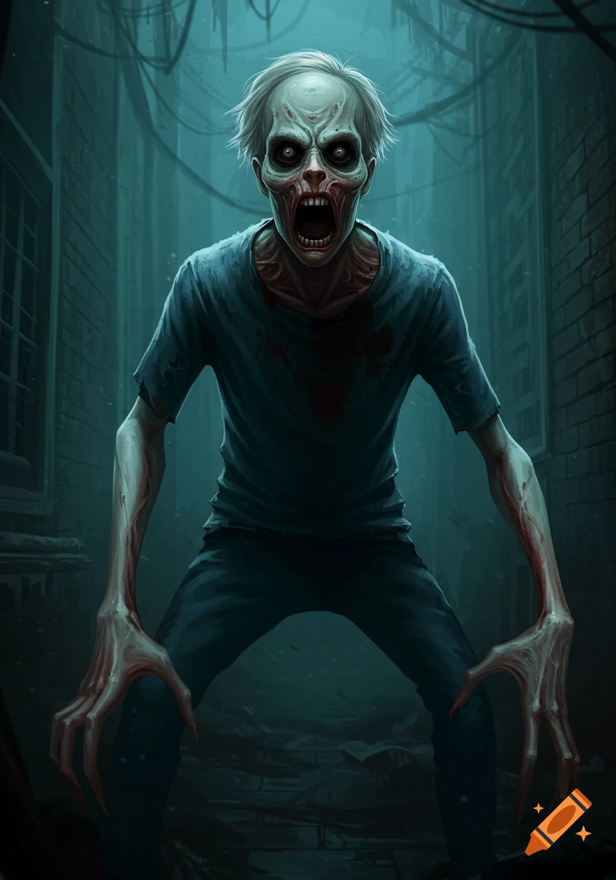 A zombie-like figure with pale skin, dark eyes, and a gaping, bloody mouth, standing in a dark alley.