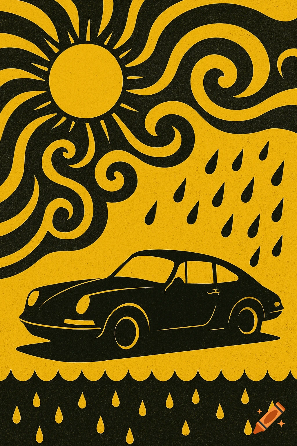 A retro yellow and black graphic art illustration of a Porsche silhouette under a stylized sun with swirling clouds and falling rain.