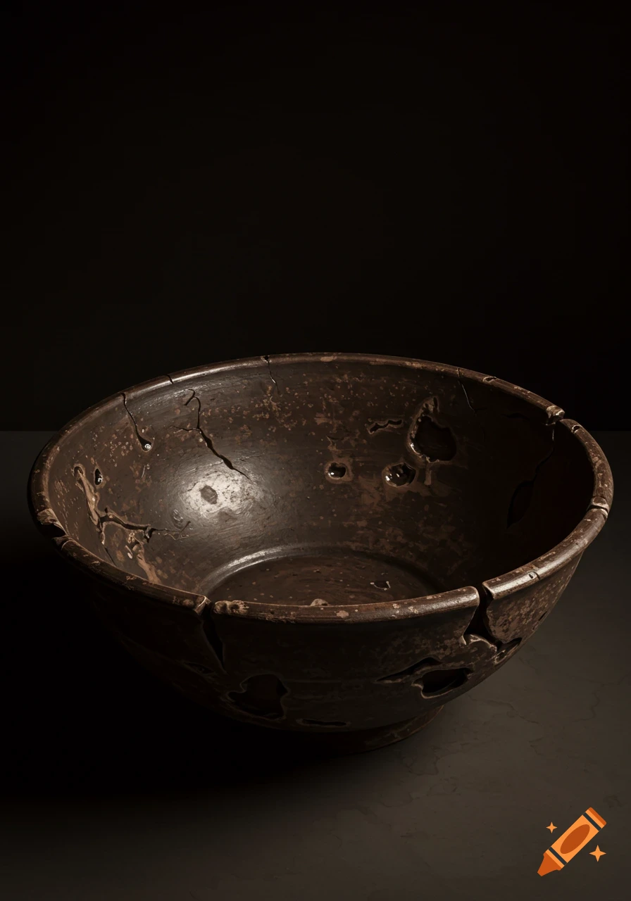 A dark, textured, cracked bowl with dramatic lighting on a dark surface, in a still life style.
