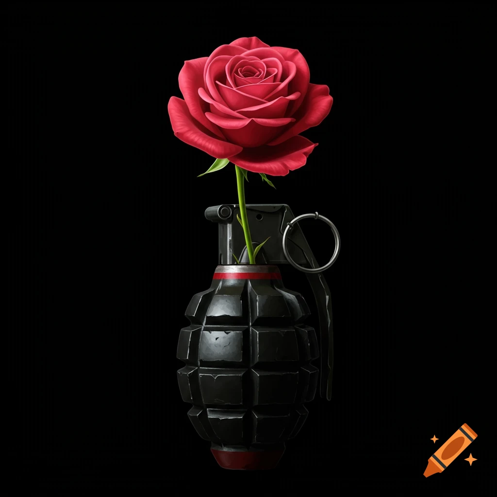 A photorealistic red rose with a green stem growing out of the top of a black hand grenade against a black background.
