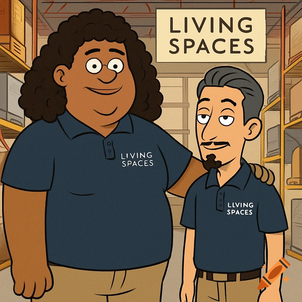 A cartoon of two men in blue polo uniforms standing in a warehouse.