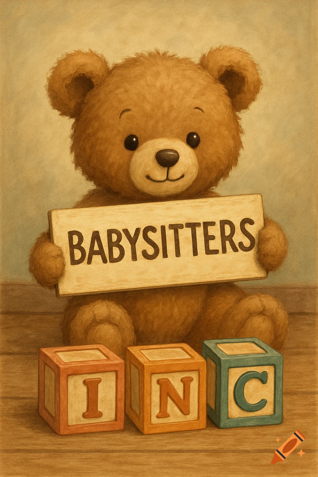 A cute brown teddy bear holds a sign reading 'BABYSITTERS' while sitting on a wooden floor with 'I', 'N', 'C' blocks in front.