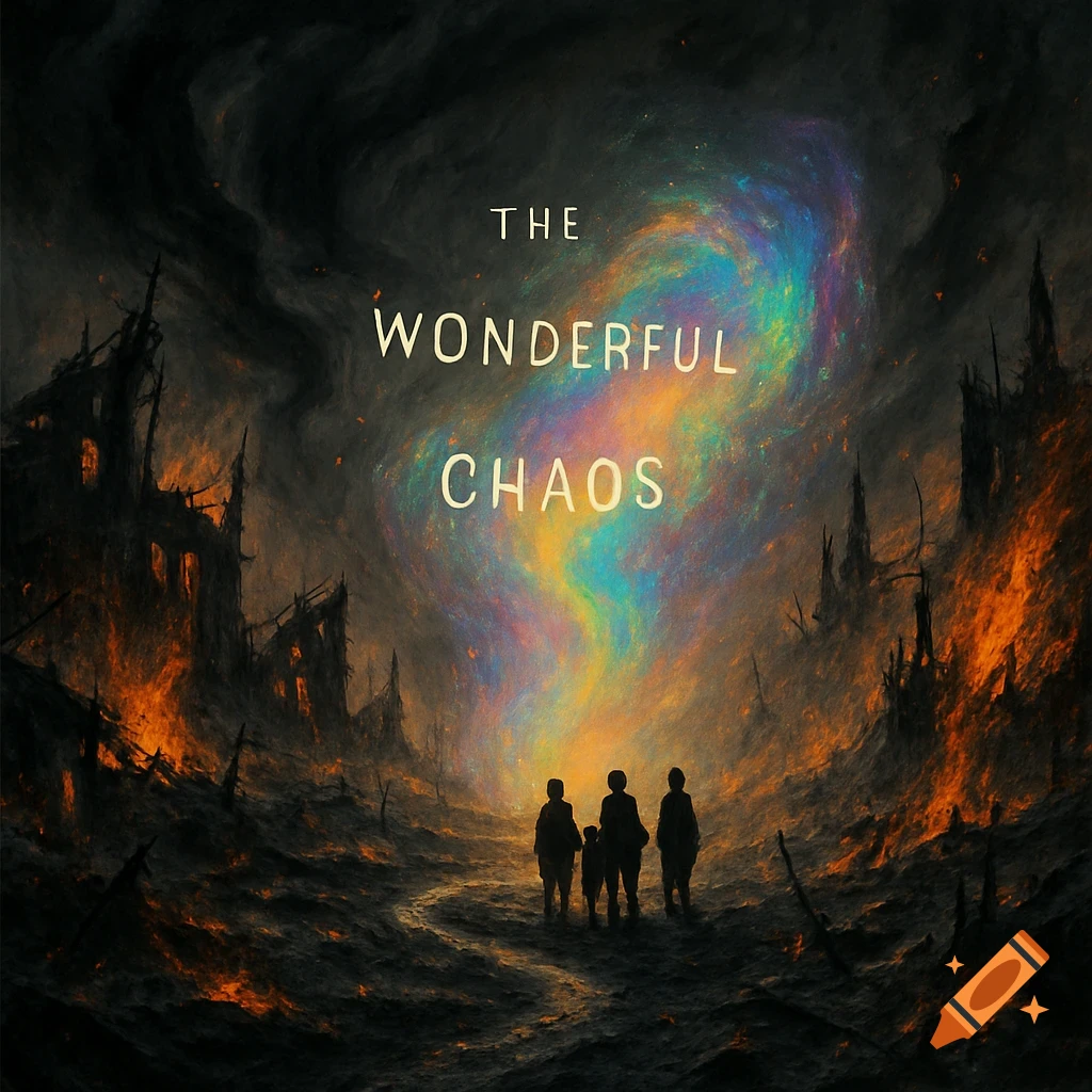 Silhouetted figures stand on a path through a burning, ruined landscape, gazing at a vibrant rainbow nebula in the dark sky with the words 'The Wonderful Chaos'.