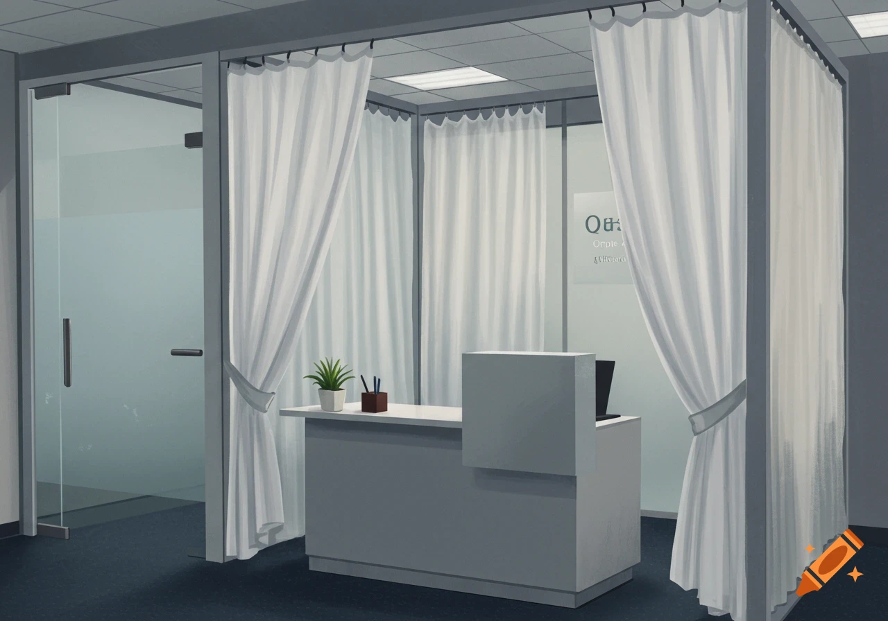 A modern office reception area with a gray desk, a plant, and white privacy curtains, next to a glass door.