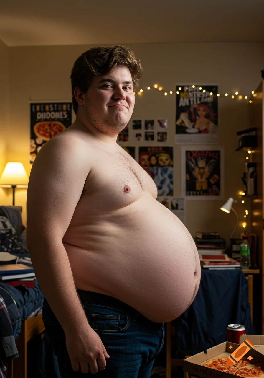 A smiling man with a large belly stands shirtless in a messy dorm room with posters on the wall and a pizza box nearby.