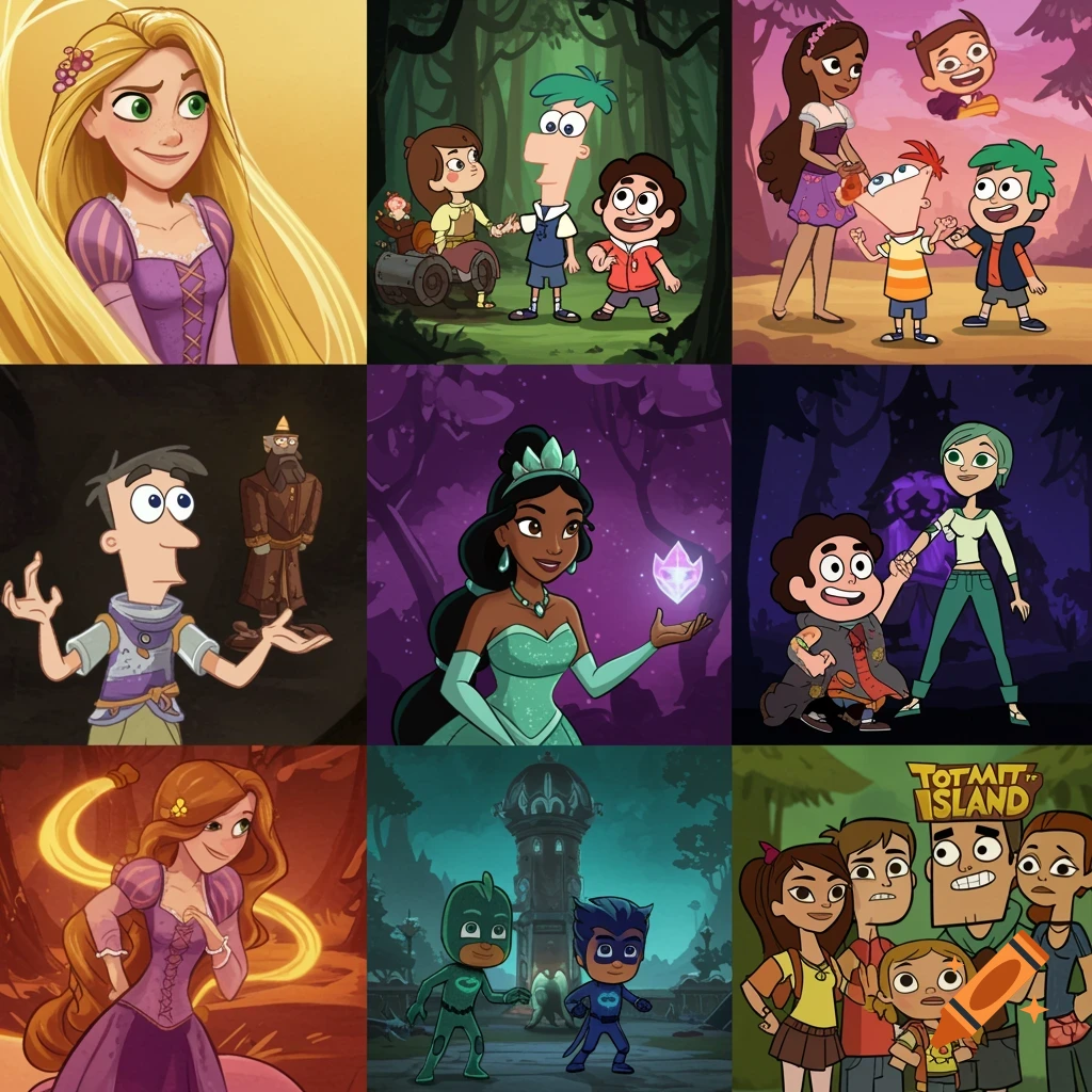 A grid of nine panels, each featuring cartoon characters from various animated shows like Tangled, Phineas and Ferb, Steven Universe, and PJ Masks, in a consistent animated style.