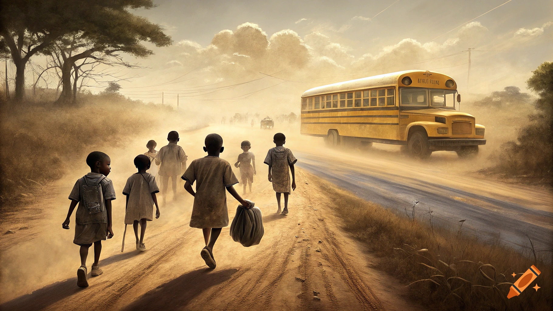 A group of children walk along a dusty rural road as a yellow school bus approaches in the background, stirring up more dust.