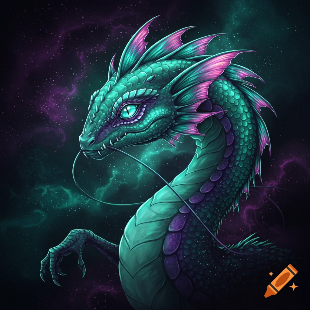 A vibrant green and purple dragon with glowing blue eyes set against a cosmic backdrop of stars and nebulae.