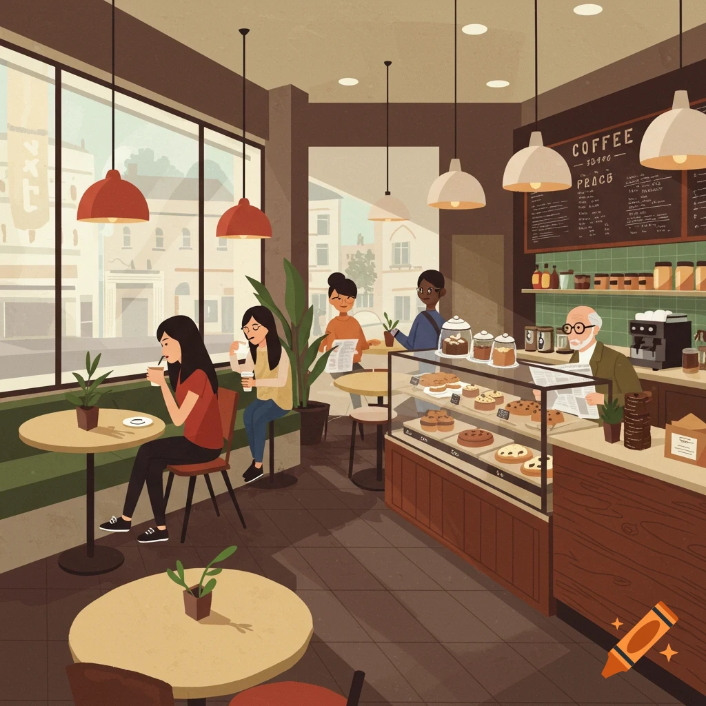 An illustration of a bustling cafe interior with customers drinking coffee and pastries on display.