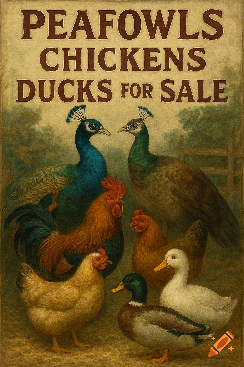 Vintage painting of peafowls, chickens, and ducks with a 'FOR SALE' sign.