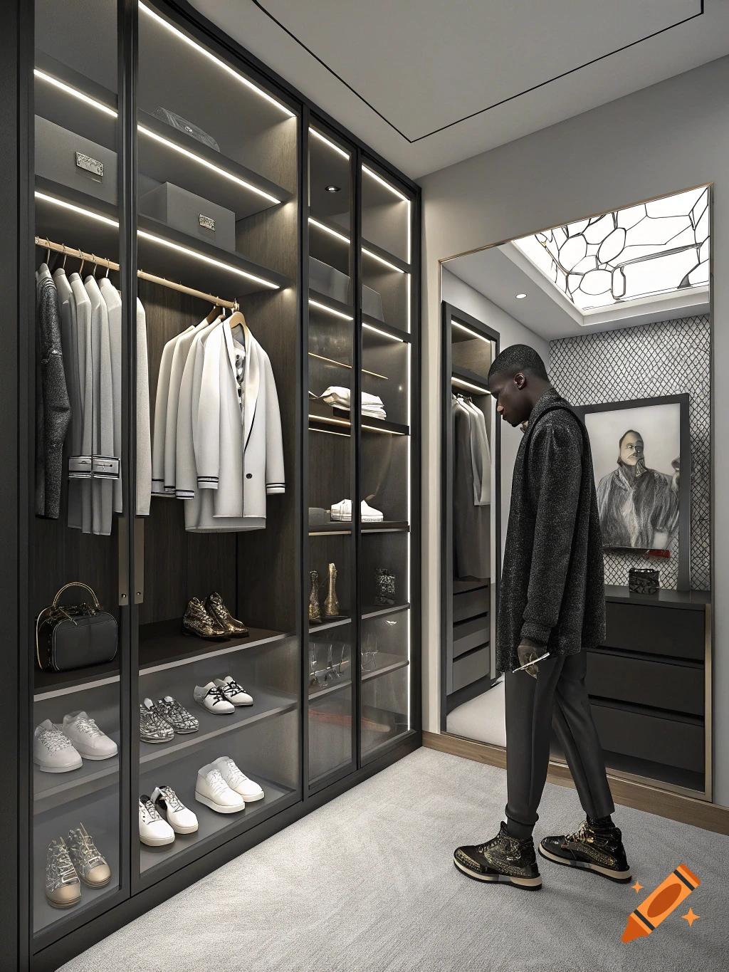 A man stands in a luxurious, well-lit walk-in closet filled with designer clothes and shoes.