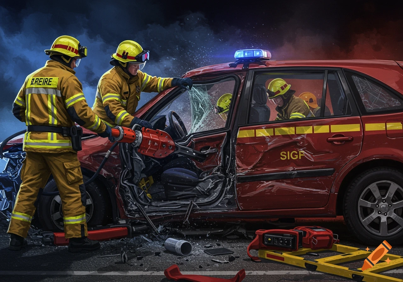 Two firefighters use rescue tools to extract a person from a crashed red car, with a third firefighter inside. Dramatic, illustrative style.