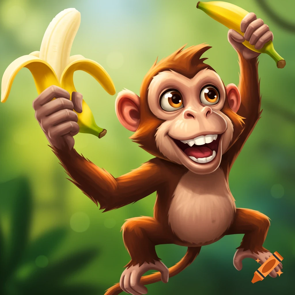 A happy, brown cartoon monkey with a wide smile holds a peeled banana and a whole banana in a vibrant jungle setting.