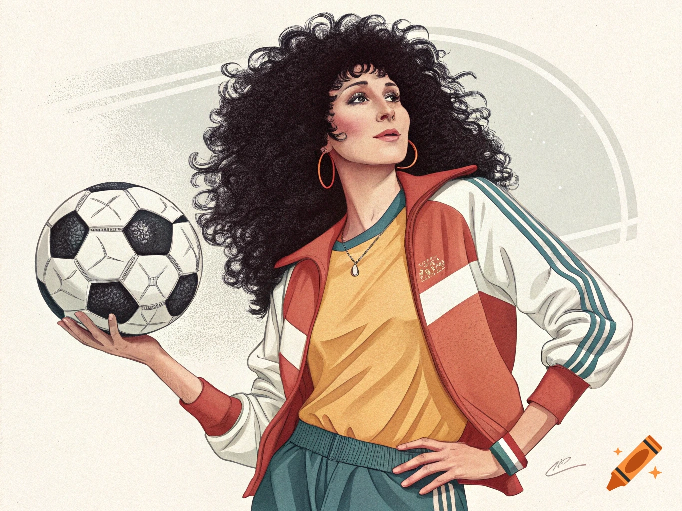 An illustrated woman with large curly hair in a retro tracksuit holds a soccer ball.