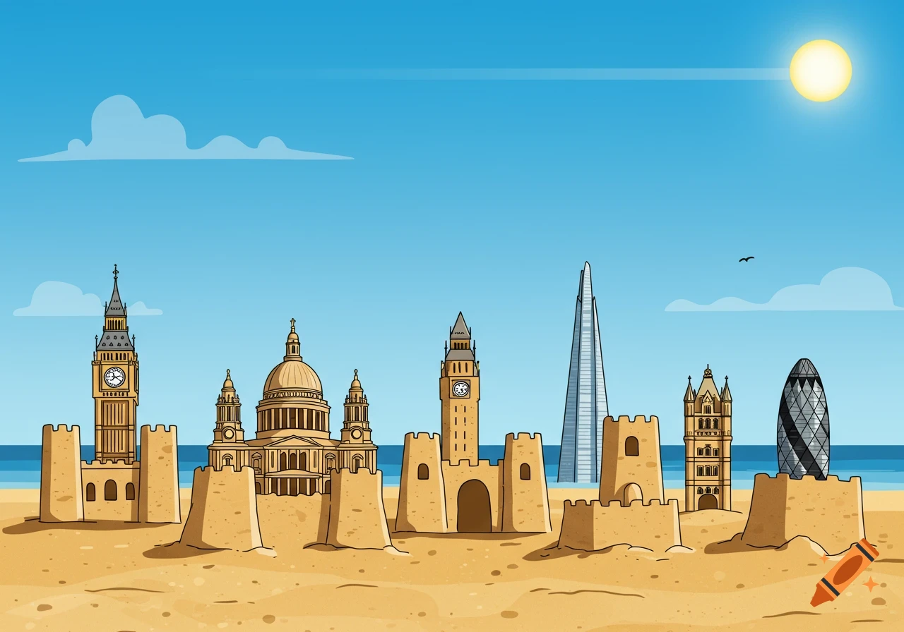 Cartoon vector art of a sandy beach with five sandcastles shaped like London landmarks including Big Ben, St. Paul's Cathedral, The Shard, and The Gherkin, under a blue sky with a bright sun.