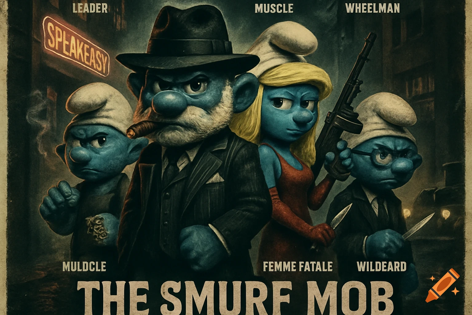 A stylized movie poster of Smurfs as gangsters, featuring Papa Smurf as a leader smoking a cigar, Smurfette as a femme fatale, and other Smurfs with weapons. The text "THE SMURF MOB" is prominently displayed.