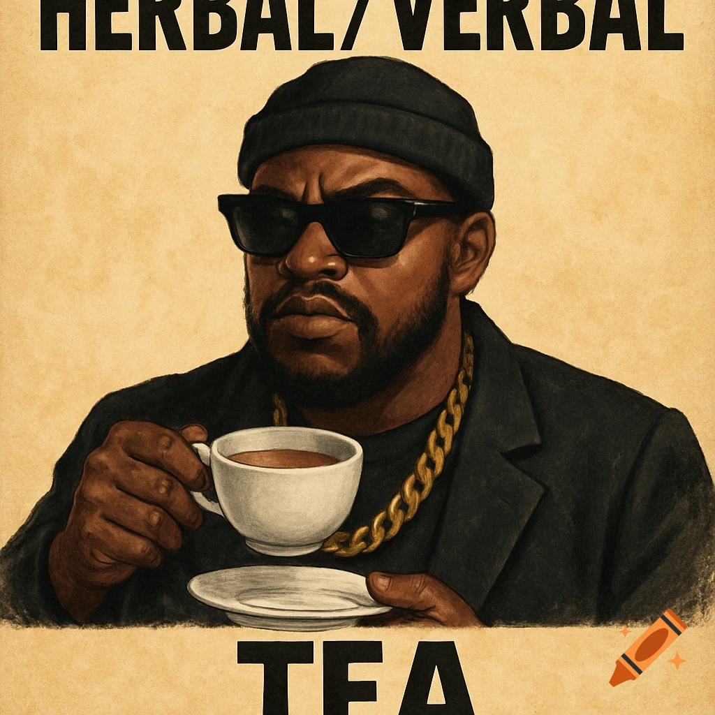 An illustration of a man in a beanie and sunglasses, wearing a gold chain, holding a teacup and saucer. Text reads 'HERBAL/VERBAL TEA'.
