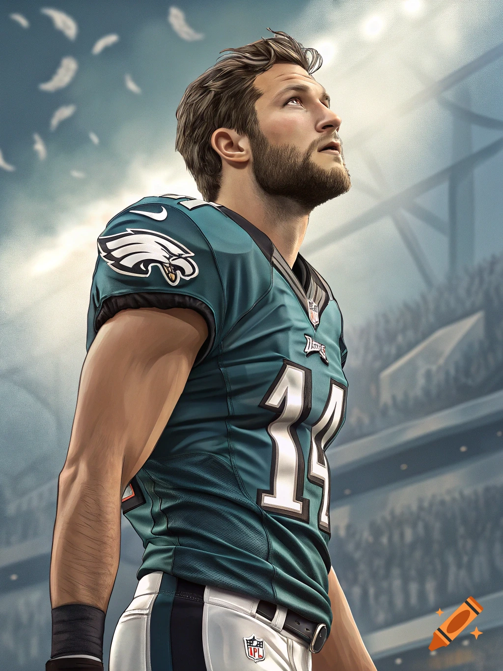 A man wearing a teal American football jersey with the number 14 and an eagle logo looks up against a stadium backdrop.