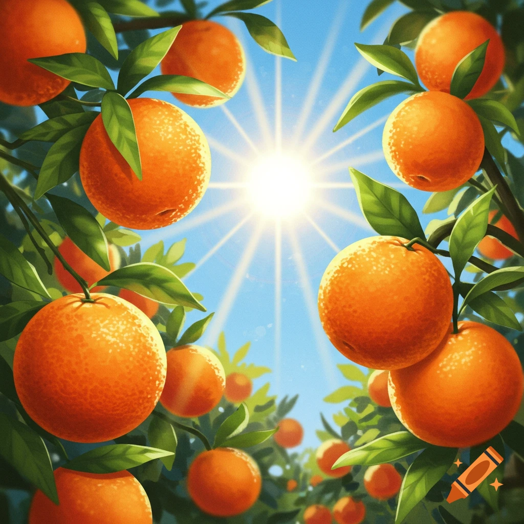 Close-up of ripe oranges on branches with green leaves, illuminated by bright sun rays against a clear blue sky.
