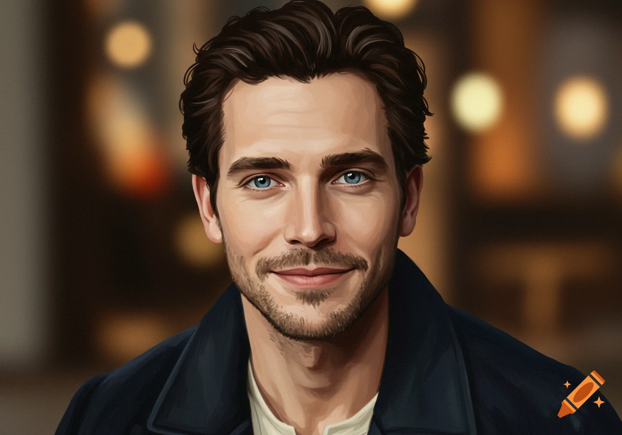 Smiling man with dark hair, blue eyes, and beard in a digital portrait illustration.