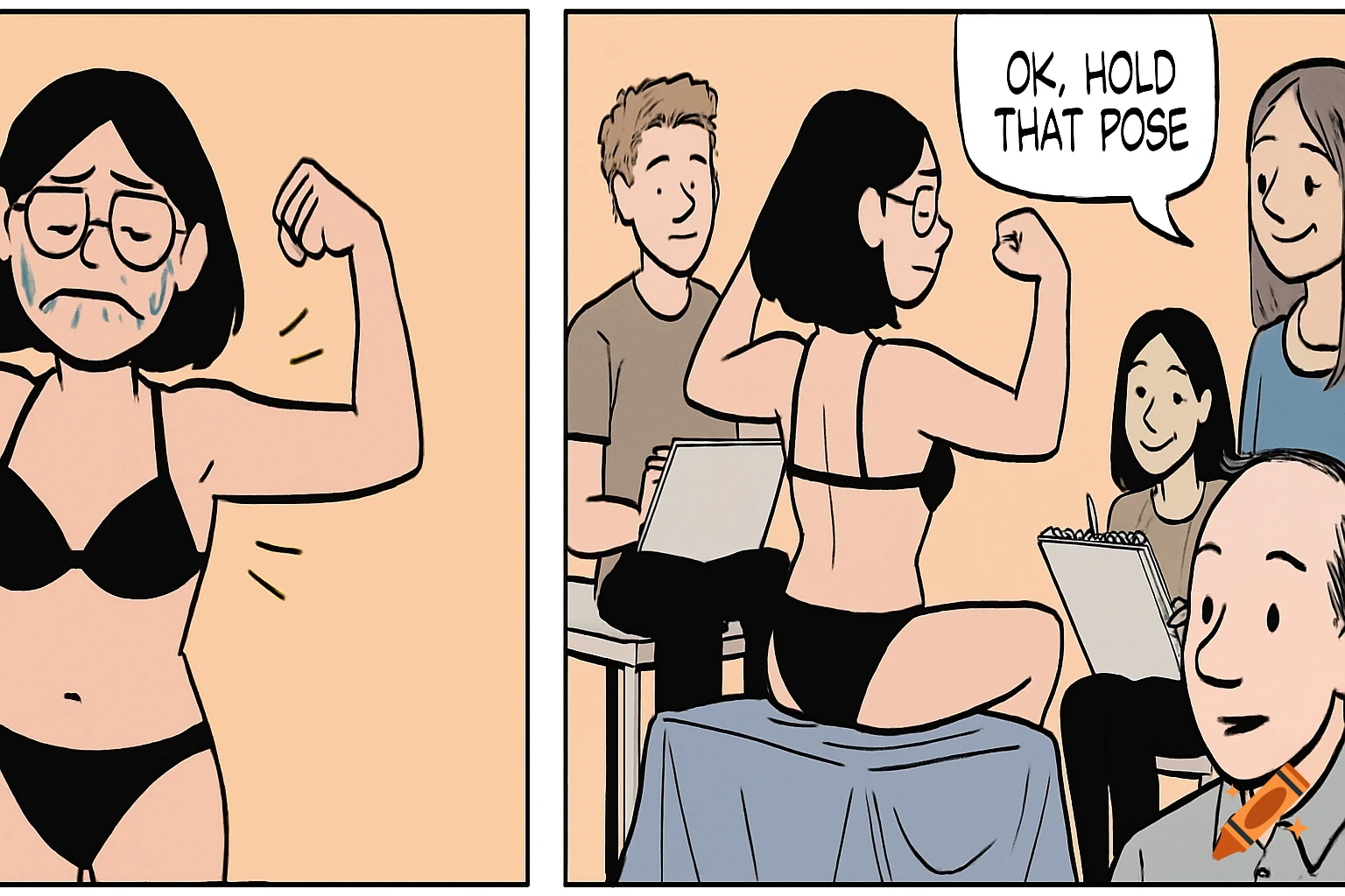A two-panel comic strip. Left: A woman in a bikini with an embarrassed expression, flexing. Right: The same woman posing for artists in an art class.