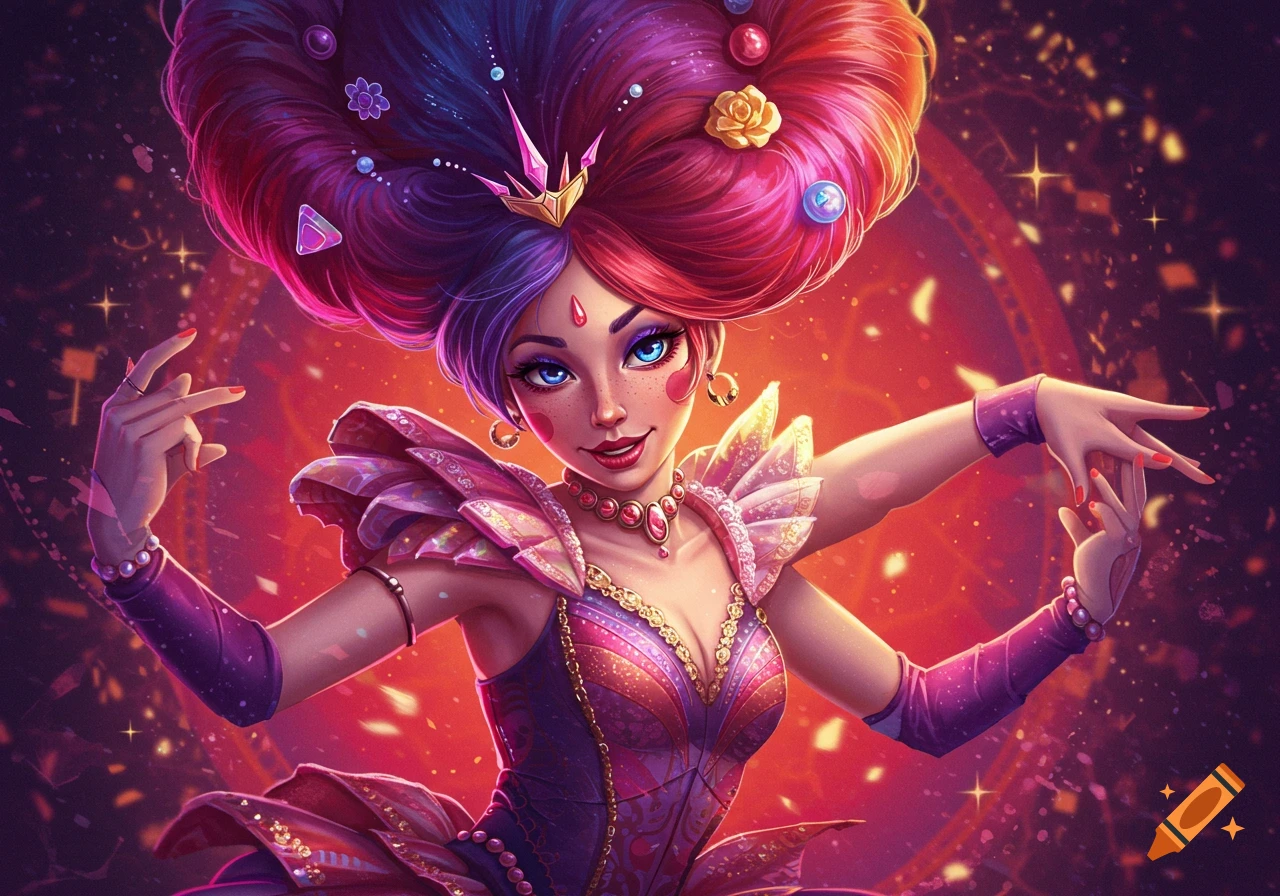 A vibrant, stylized female character with multi-colored hair and an ornate costume, surrounded by sparkling effects in a digital art style.