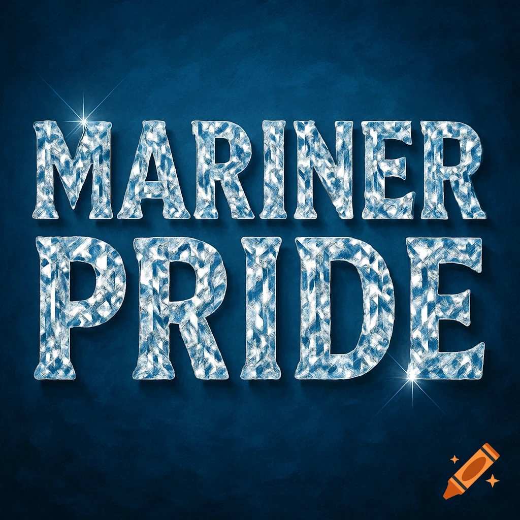 The words MARINER PRIDE rendered as sparkling, faceted diamonds against a deep blue background.