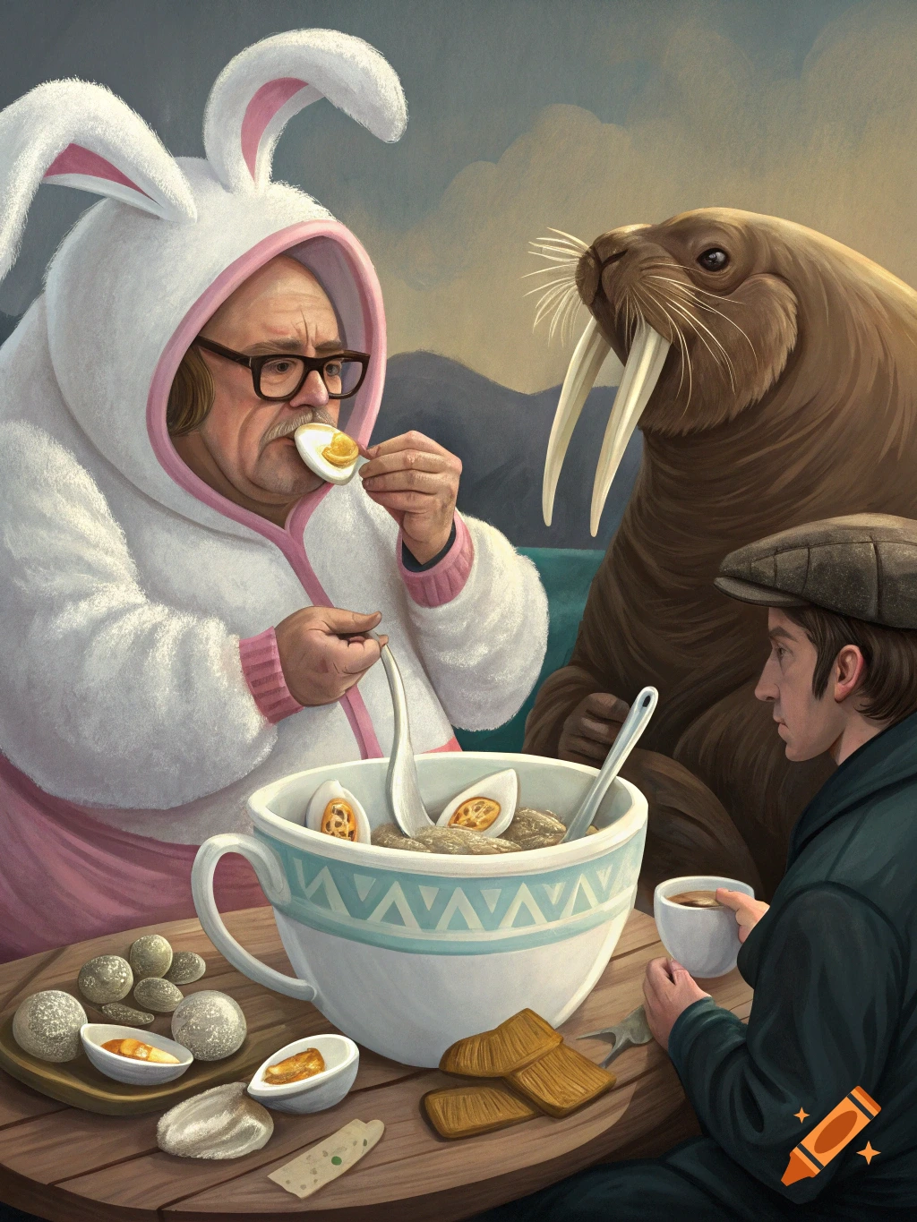 Danny DeVito in a white bunny suit eats a deviled egg from a spoon while sitting at a table with a giant teacup of food and a walrus behind him.