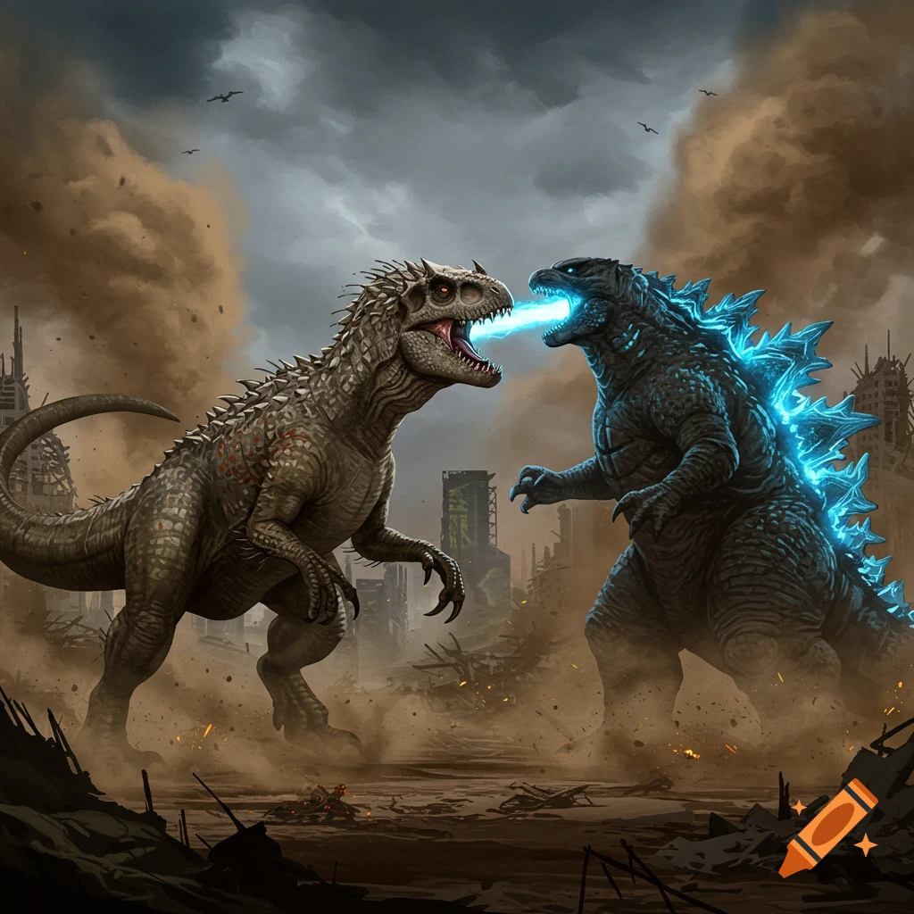 Godzilla and Indominus Rex battle in a ruined city with a stormy sky, Godzilla firing a blue beam.