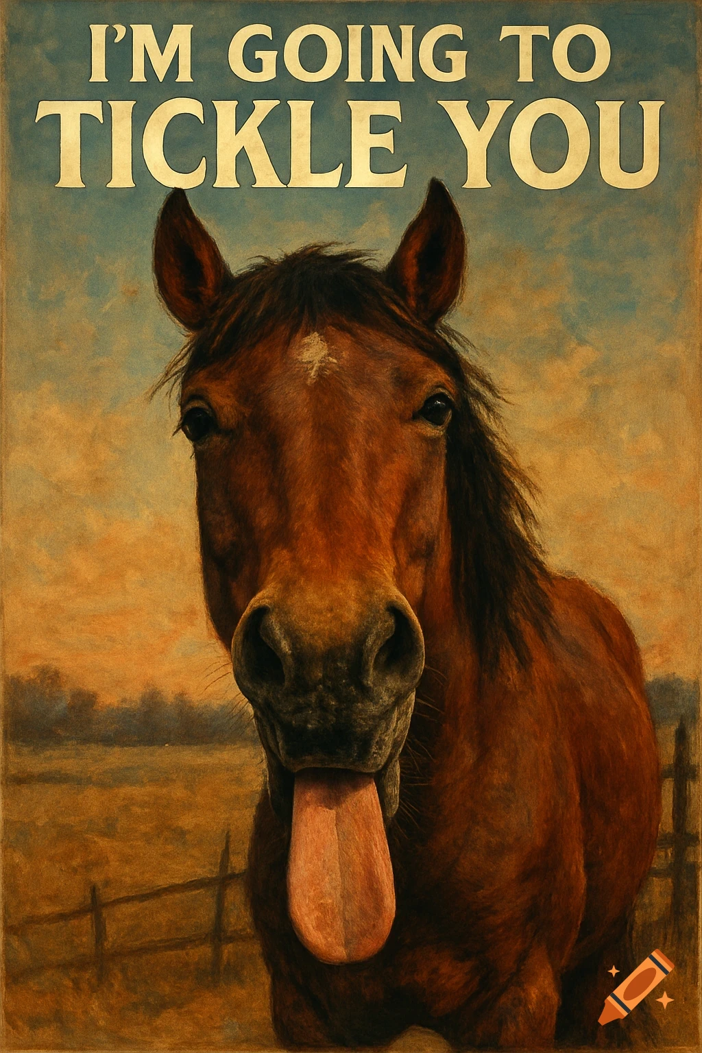 Painting of a brown horse sticking its tongue out in a field, with 'I'M GOING TO TICKLE YOU' at the top.