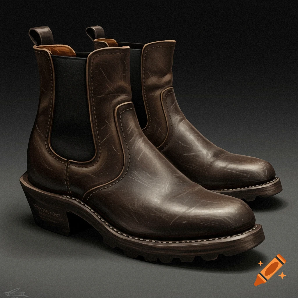 A pair of brown leather work boots with elastic side panels and a thick sole, against a dark gray background. Photorealistic style.