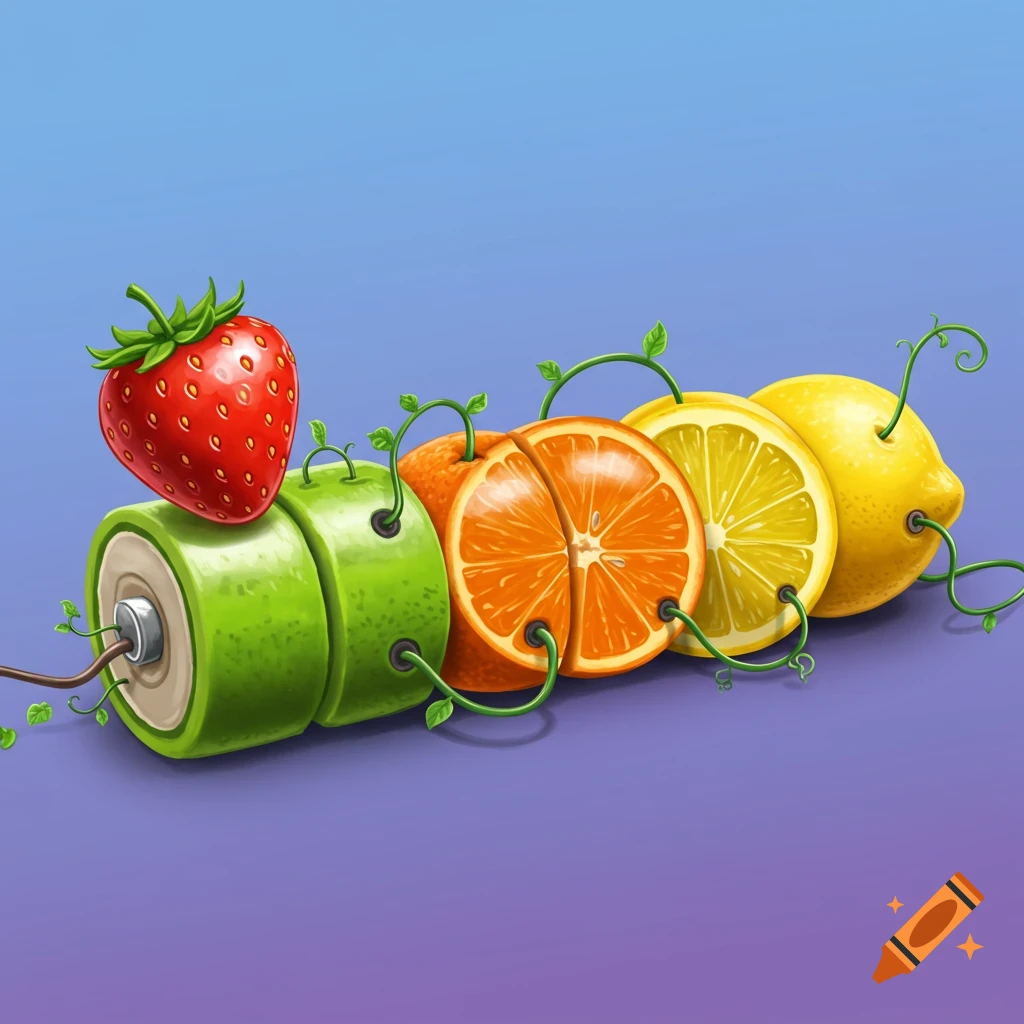A stylized illustration shows a strawberry on green battery cells, connected to an orange slice, lemon slice, and whole lemon by green vines.