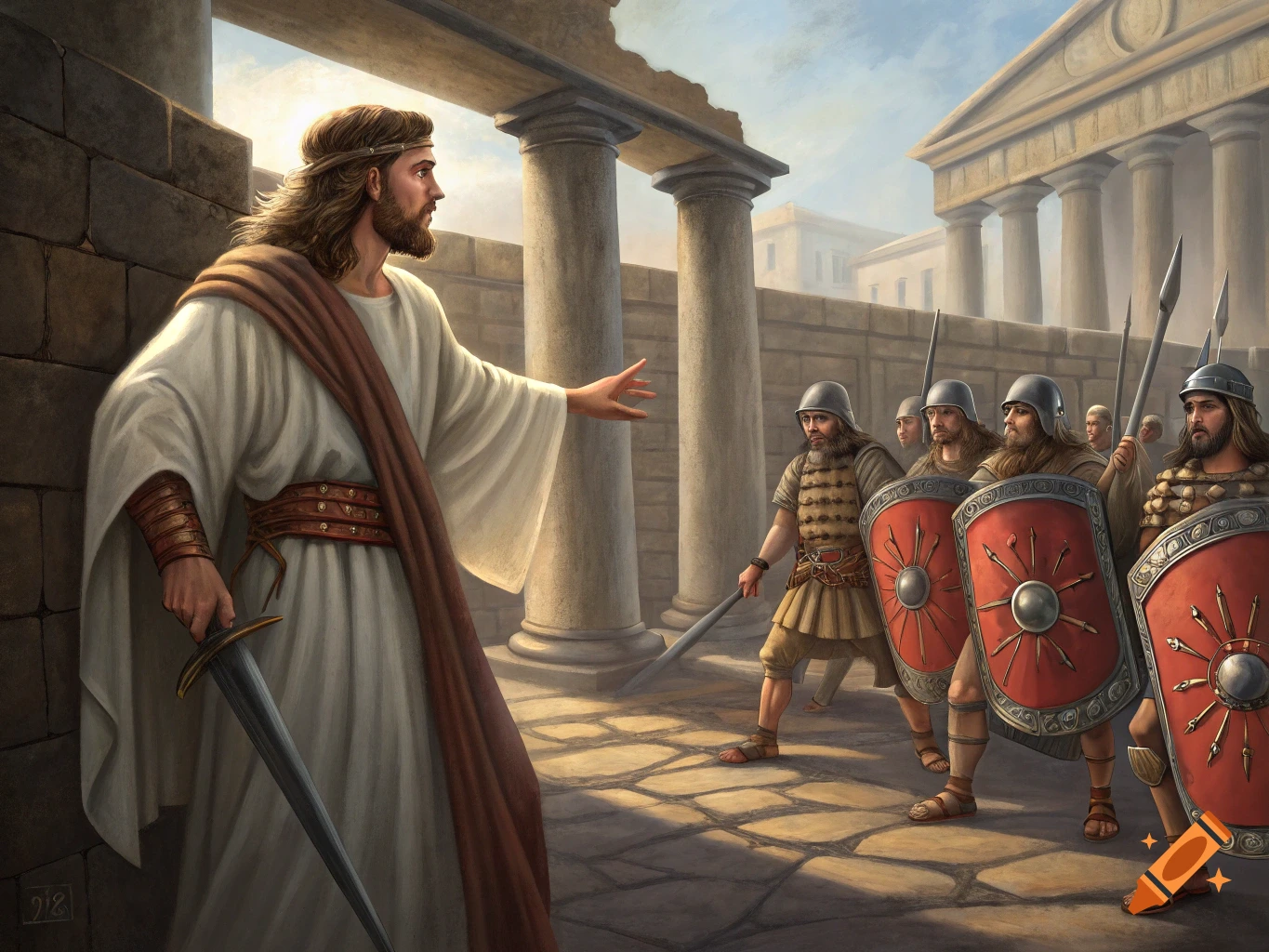 A man resembling Jesus, with long hair and a white robe, confronts Roman soldiers holding spears and shields in an ancient city.