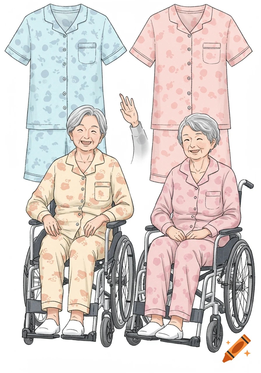 An illustration showing two elderly women happily seated in wheelchairs wearing different colored pajamas. Two sets of pajamas are displayed above them.