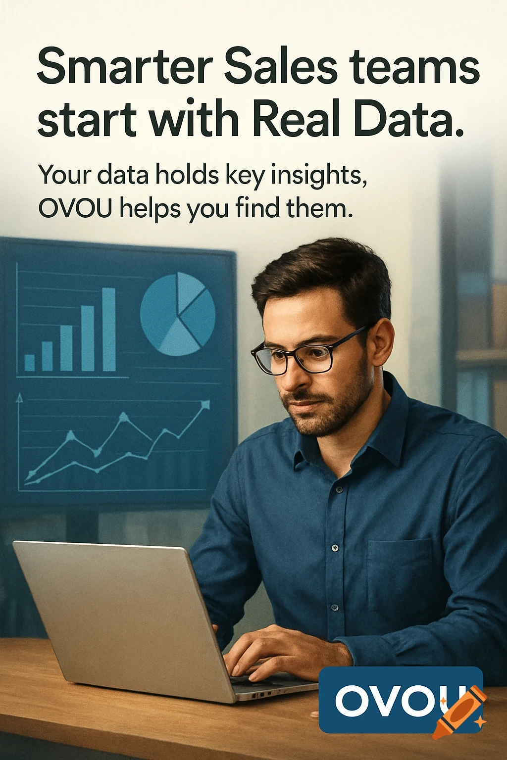 A man in glasses works on a laptop, with charts on a monitor and ad text about sales data.