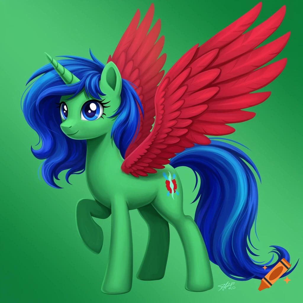 A vibrant green My Little Pony style pegasus unicorn with a flowing blue mane and tail and large crimson red wings, smiling against a green background.