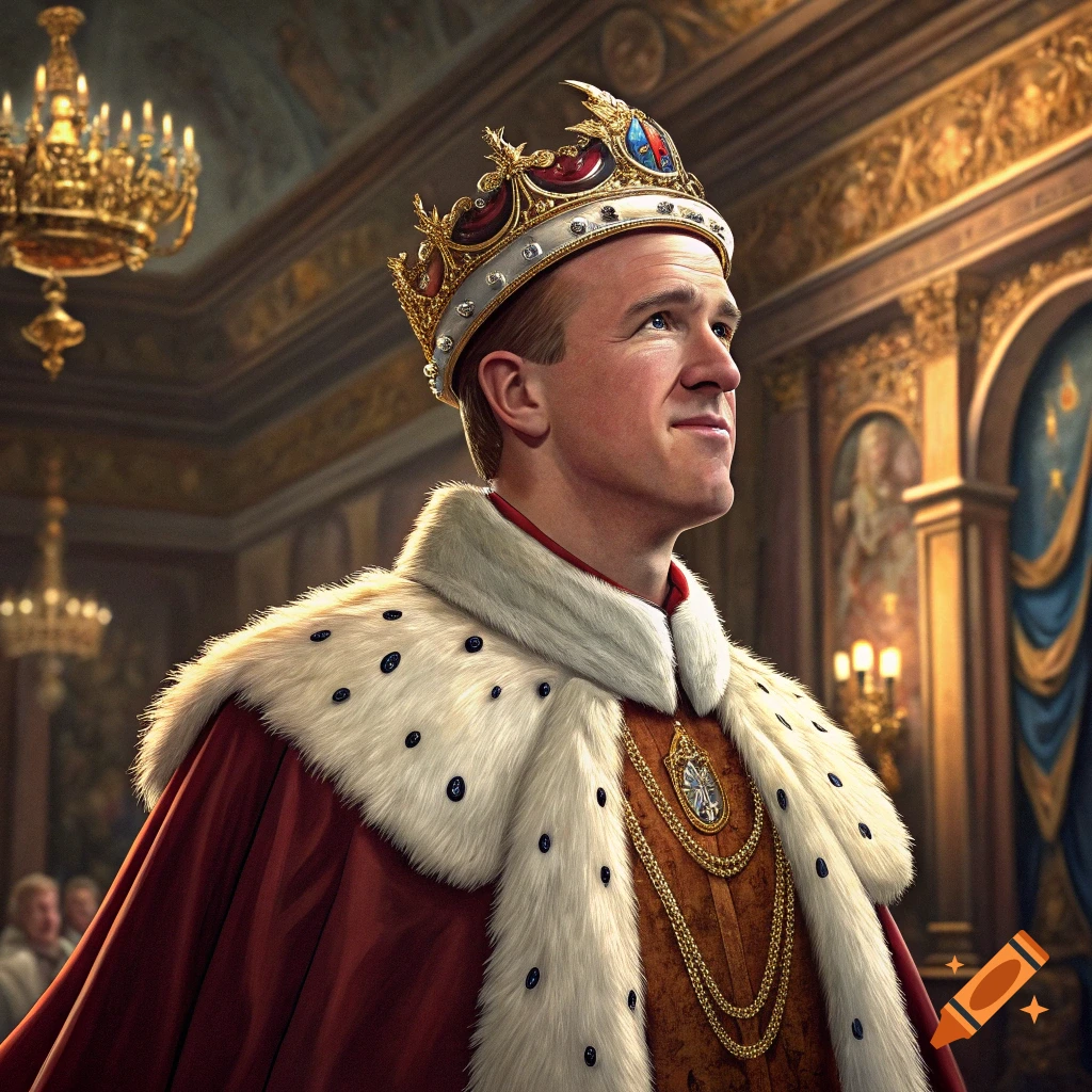 Peyton Manning depicted as a king, wearing a gold crown and an elaborate red and white fur-lined royal robe, in a grand palace interior.