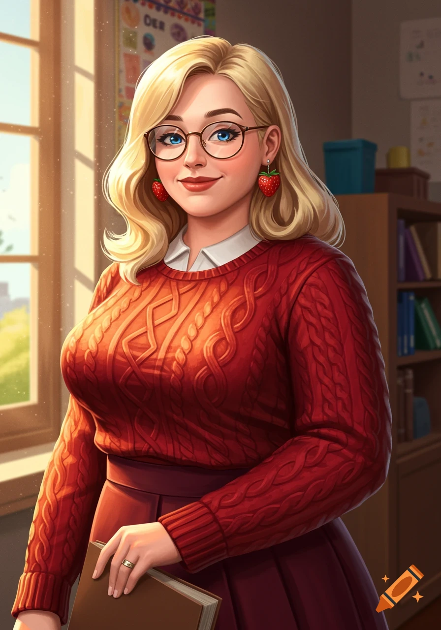 An illustration of a smiling blonde woman teacher wearing glasses, a red cable-knit sweater, and strawberry earrings, holding a book in a classroom.