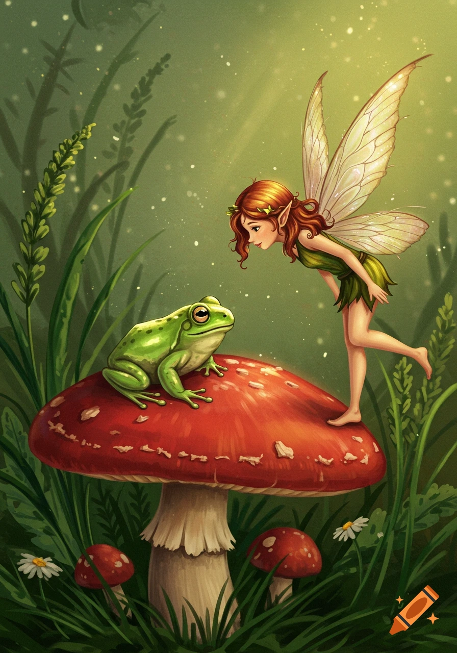 A whimsical illustration of a red-haired fairy with wings, leaning over to look at a green frog on a large red mushroom in a forest.